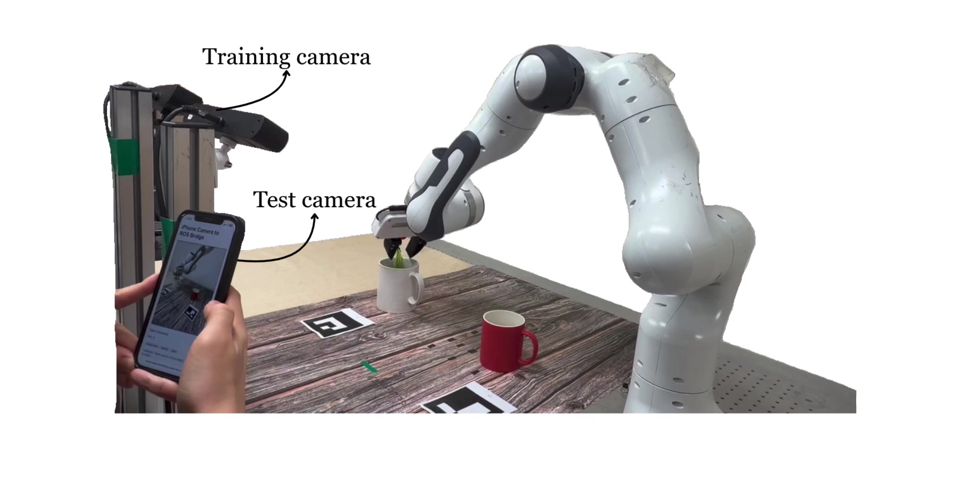 AnyCamVLA robot manipulation setup with training and handheld test cameras